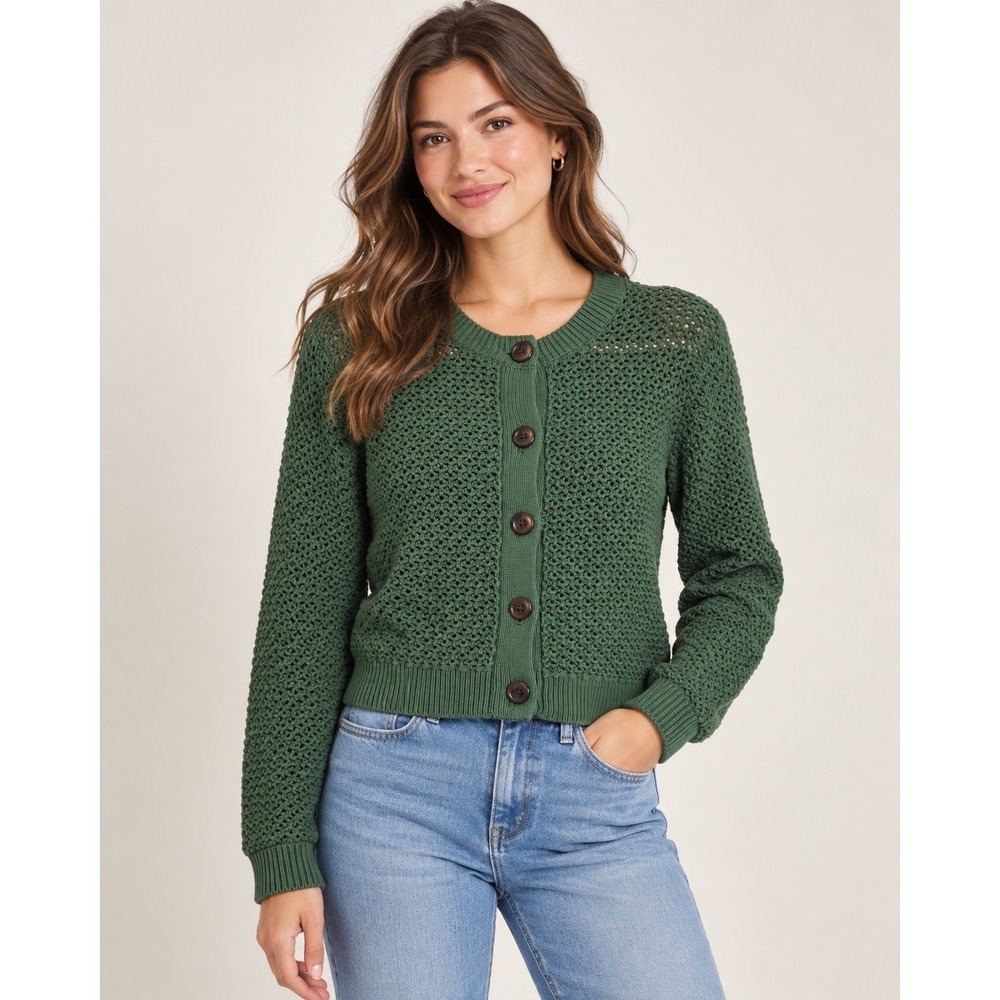 J.Crew Cardigan Sweater Womens M Green Open Knit Button Front Preppy Cottagecore